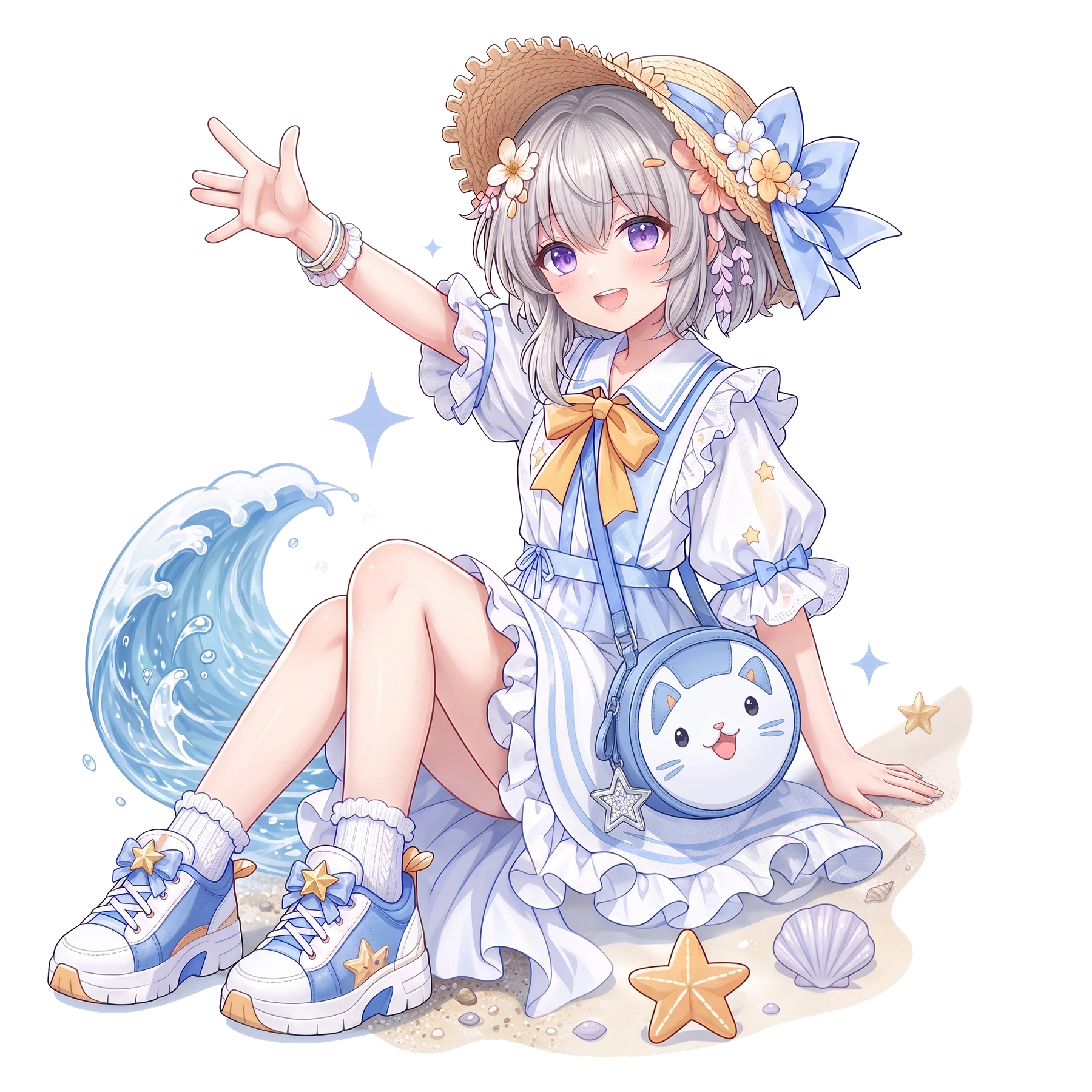 梦星迹夏日角色坐在海边向你招手